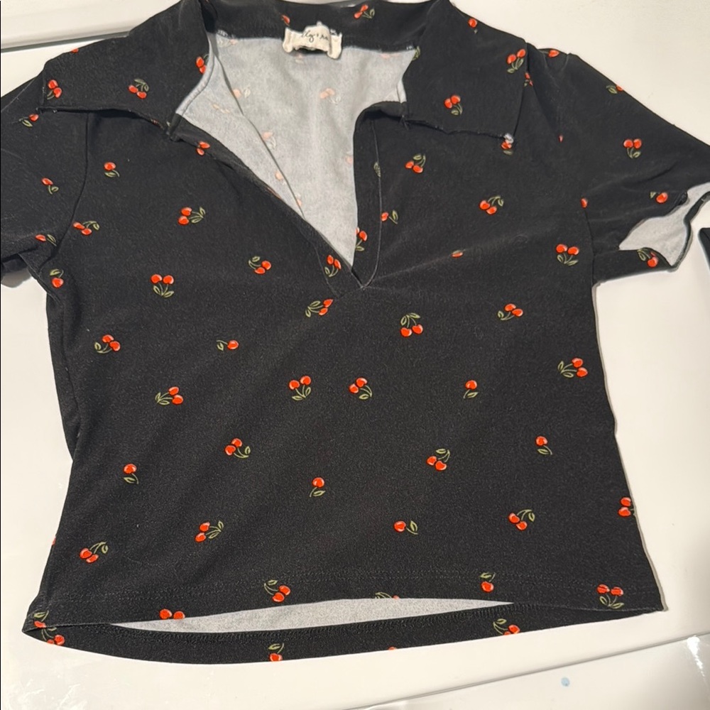 Black Cherry Print Collared Shirt